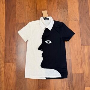 Bianca Jeswant XS Black White Hand Embroidered Split Face Short Sleeve Shirt NWT